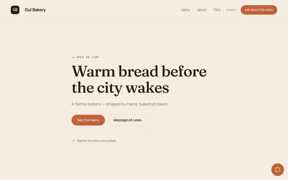 A bakery website with a warm cream page, a serif headline and a terracotta button