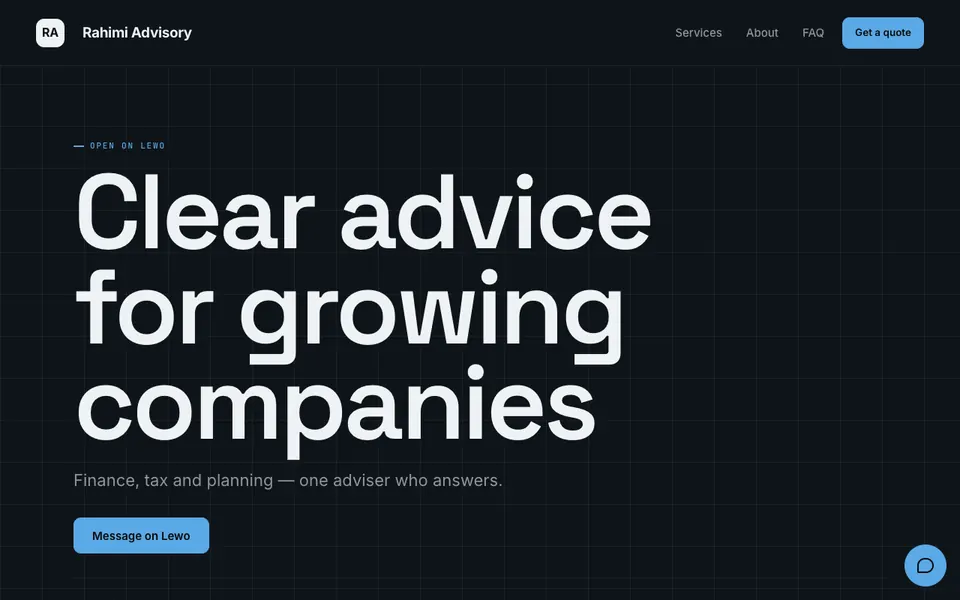 A consultancy website on a dark page with a grid backdrop and a large sans headline