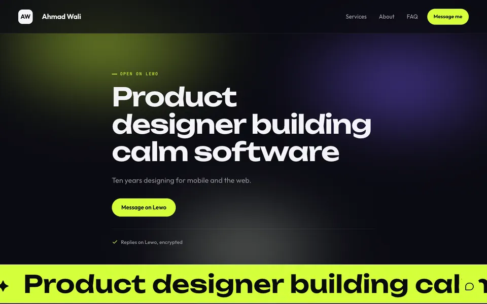 A personal website on a dark page with an aurora glow and a running name band