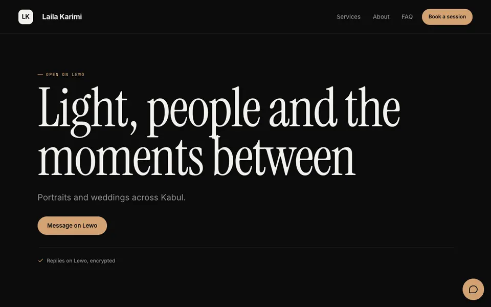 A photographer portfolio on a dark grainy page with a large editorial headline