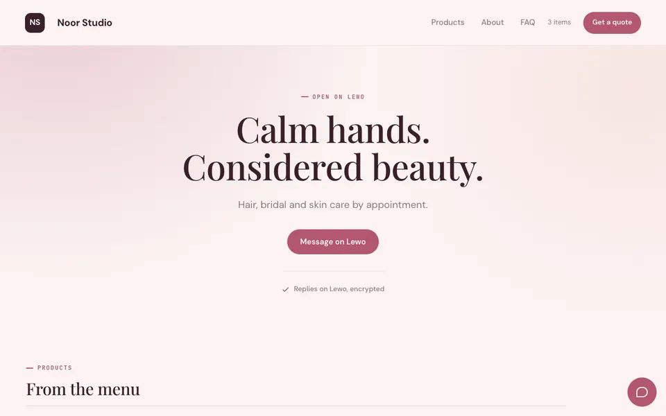 A salon website with a blush page, an elegant centred headline and a rose button