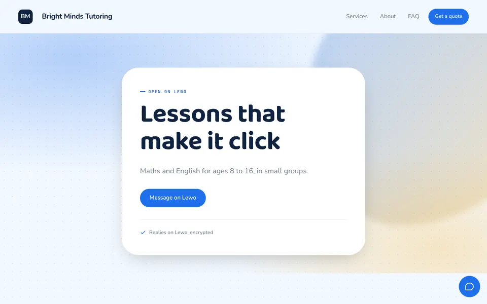 A tutoring website with a light blue dotted page and a rounded card